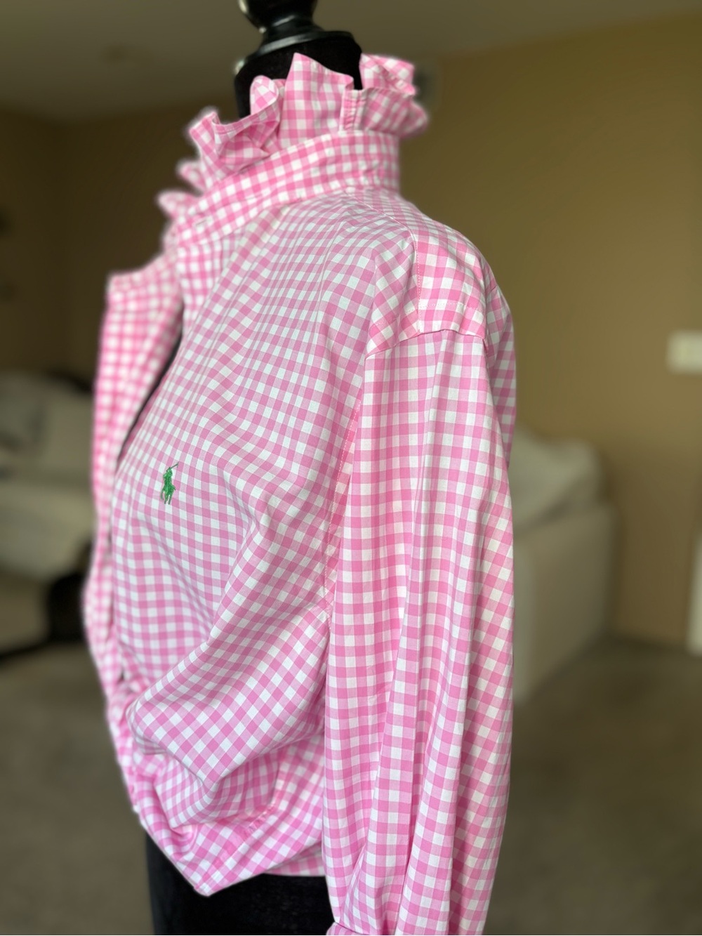 Reworked Ralph Lauren Pink and White Gingham Ruffle-Collar Button-Down - Picture 3 of 7